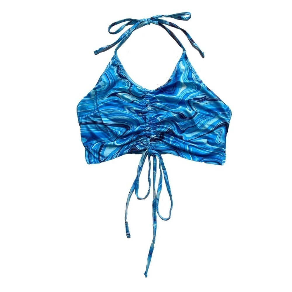 Blue Retro Print Cropped Halter Top